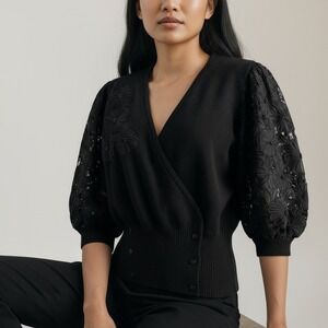 Vtg‎ Sweater Women M Black Floral Applique Embellished Whimsigoth Romantic